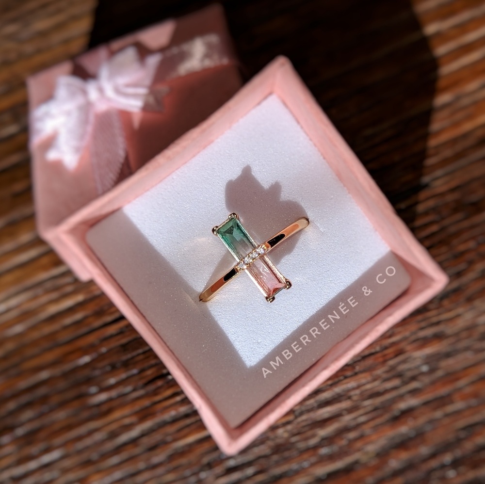 14k Elongated Emerald Watermelon Tourmaline Ring